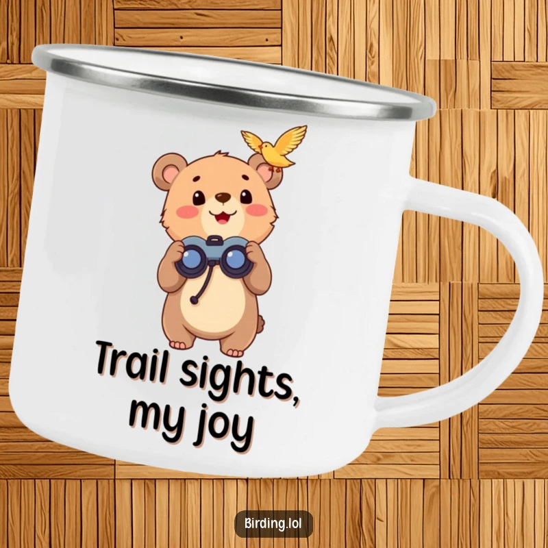 Funny bear cub with binoculars on a camping mug, looking skyward with excitement, great for outdoor trips.