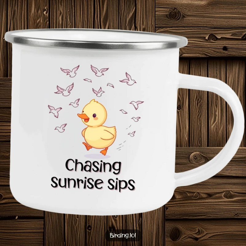 Funny duckling camping mug featuring a happy duckling following swooping birds, durable and portable for outdoor fun, a great funny gift.