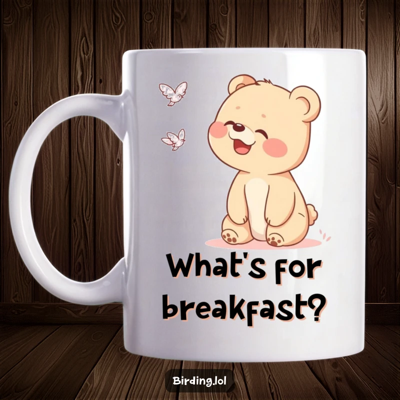Funny bear cub mug featuring a laughing cub looking up with wide eyes at a mysterious flying object in the sky.
