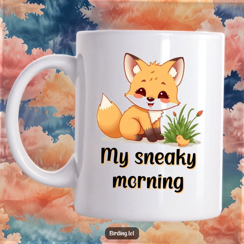 Funny fox cub crouched low, with delighted expression, observing a creature hidden in a bush.