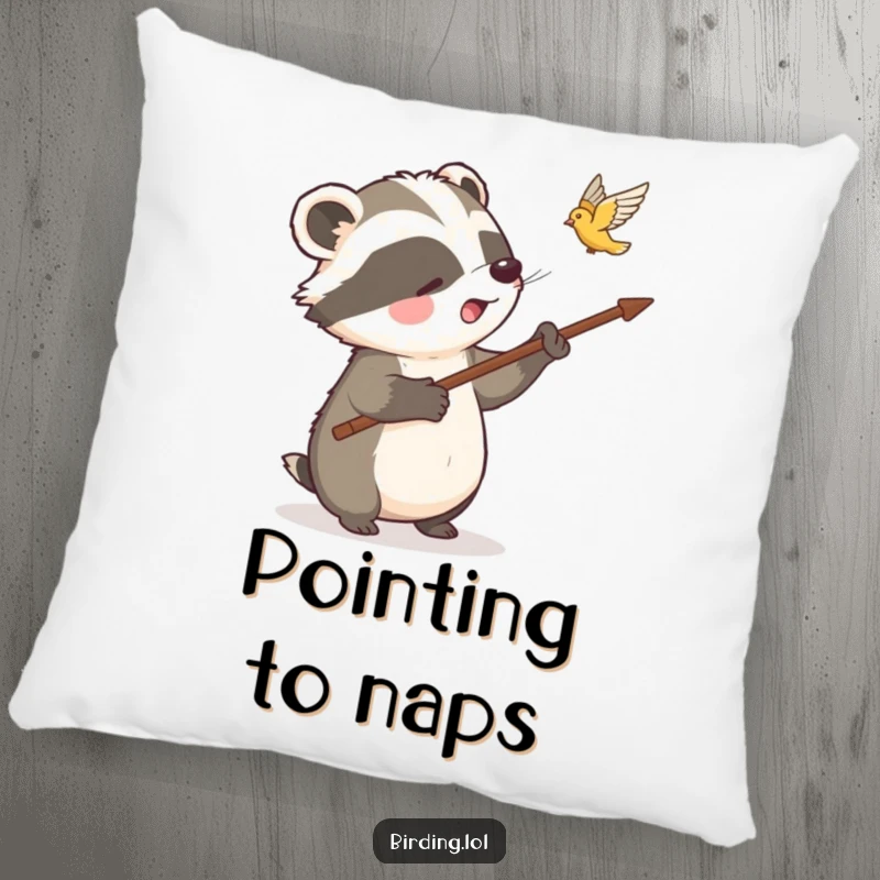 Funny badger pillow featuring a delighted badger pointing at a bird, offering comfort and a touch of adorable, humorous nature charm.