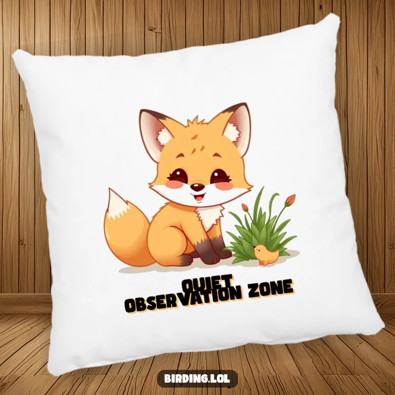 Funny fox cub resting on a pillow, crouching low, delighted while observing a creature in a bush.