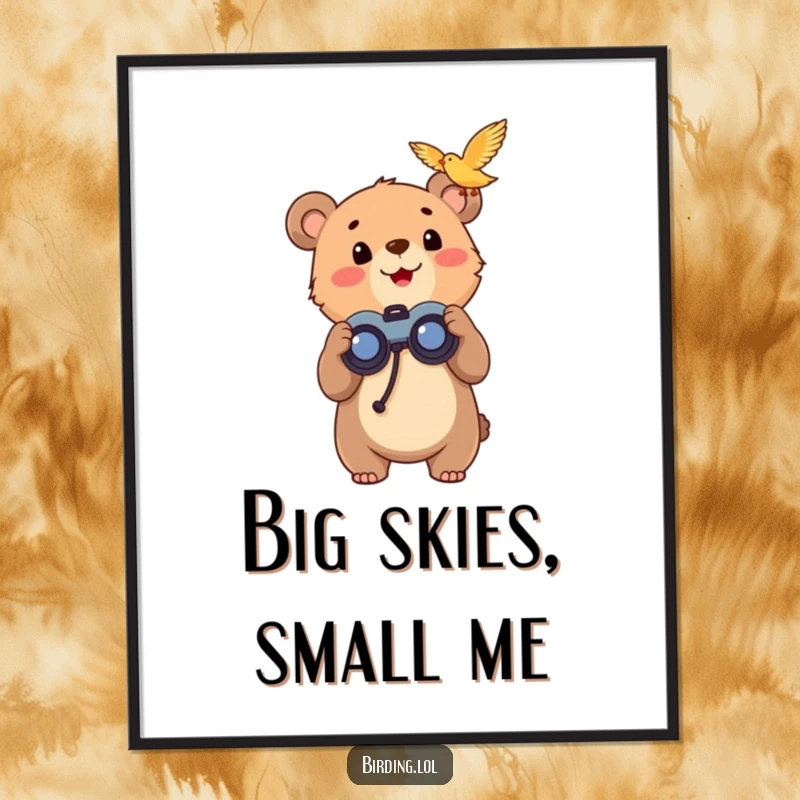 Funny bear cub holding binoculars, looking up with excitement at a flying bird, instant digital art download.