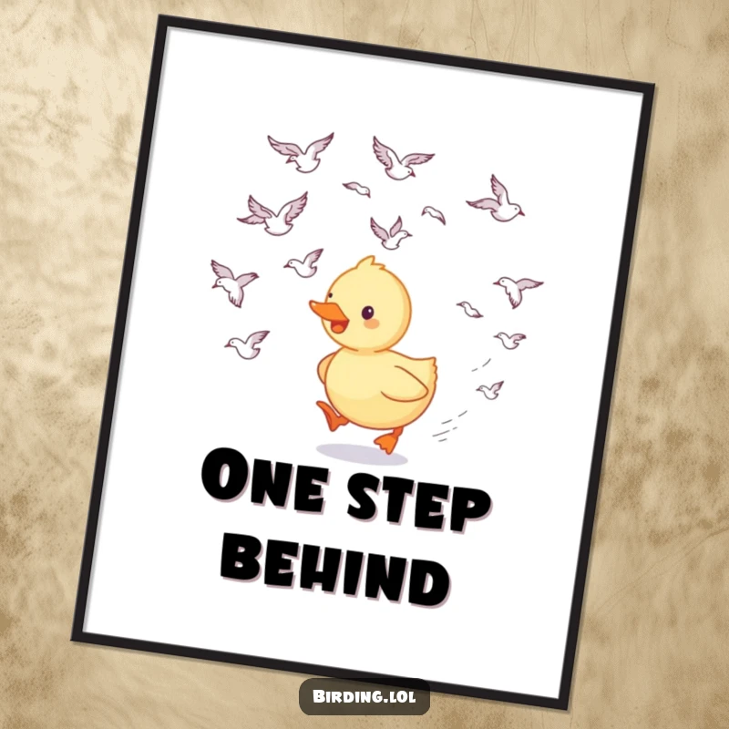 Funny duckling digital art print of a happy duckling joyfully trailing swooping birds, perfect for instant whimsical decor, a fun gift.