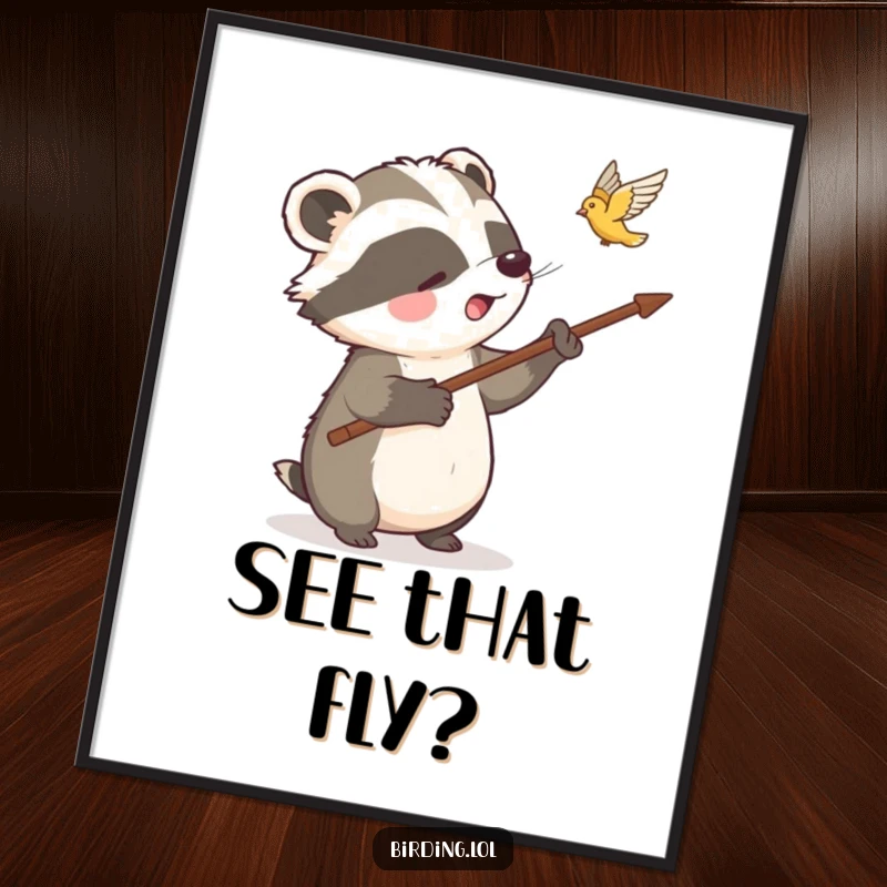 Funny badger digital art print of a badger pointing at a bird, perfect for instant whimsical nature decor, a fun gift.