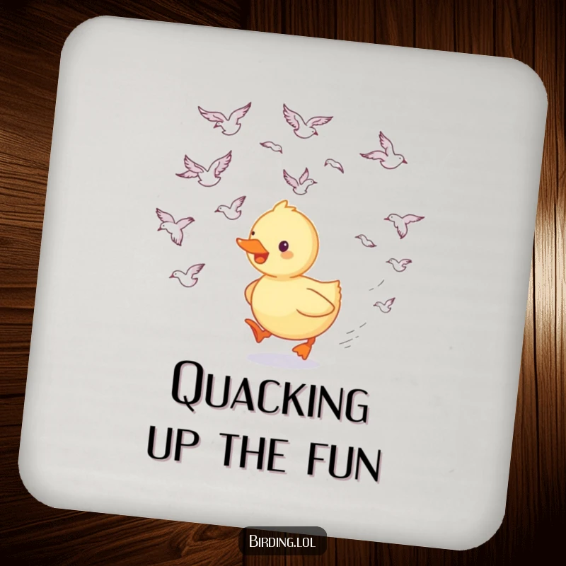 Funny duckling coaster showing a happy duckling trailing swooping birds, protecting surfaces with cute humor, a great funny gift.