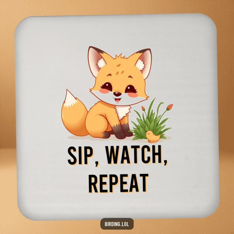 Funny fox cub with a drink coaster, crouching low, delighted while observing a creature in a bush.