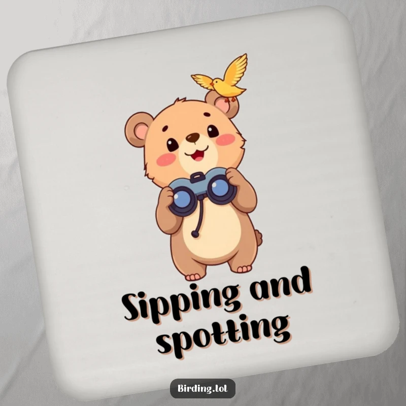 Funny bear cub with binoculars on a drink coaster, looking up with excitement, perfect for home decor.