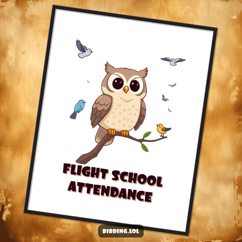 Funny owl poster featuring a wise owl perched on a branch, humorously observing birds, ideal for witty wall art and a funny gift.