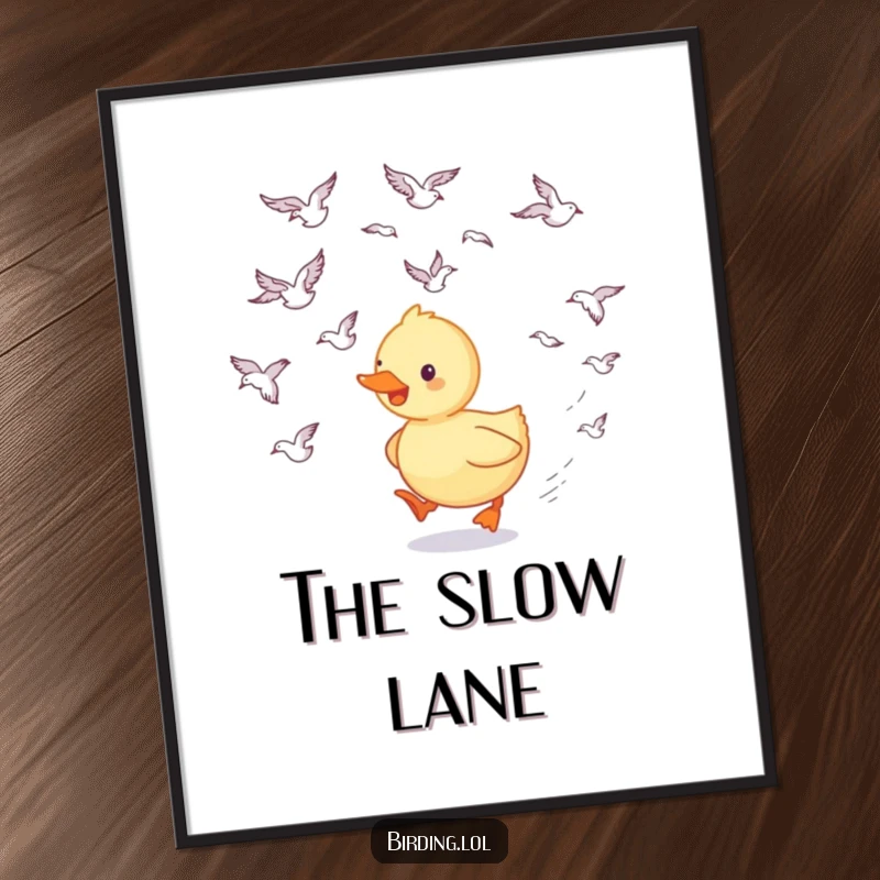 Funny duckling poster showing a happy duckling joyfully trailing a flock of swooping birds, whimsical and humorous wall art.