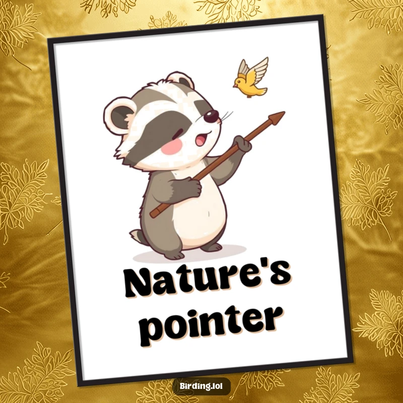 Funny badger poster of a delighted badger pointing out a bird in flight with a stick, whimsical and humorous nature art.