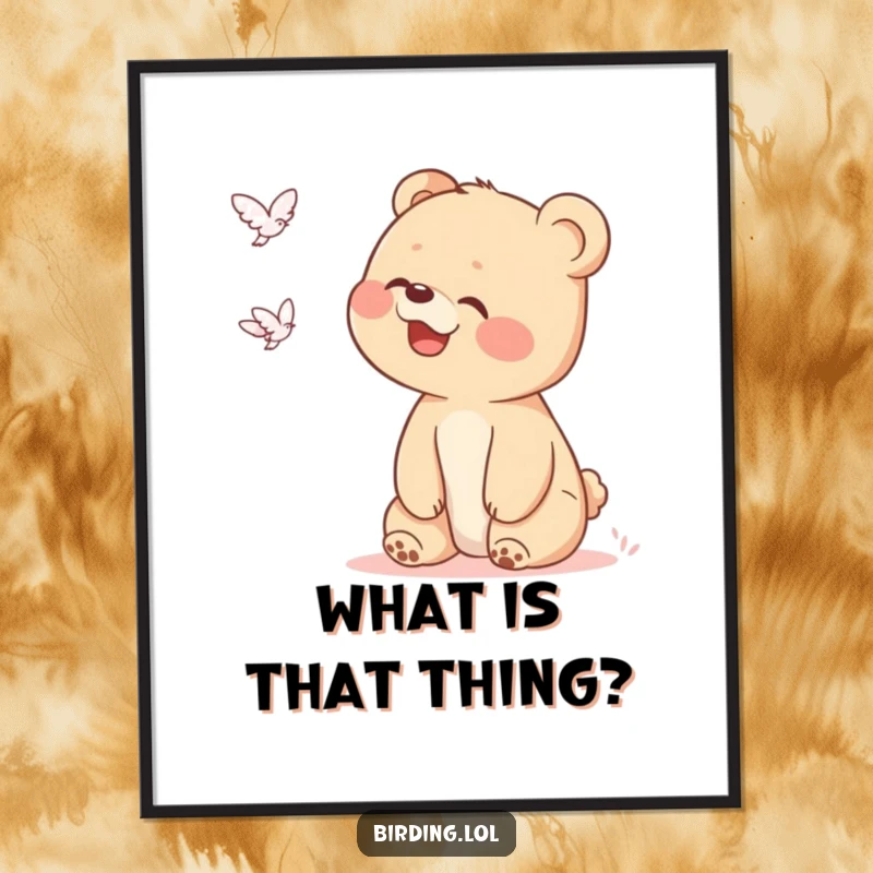 Funny bear cub poster capturing a delighted cub pointing and giggling at an unidentified flying object high in the sky.