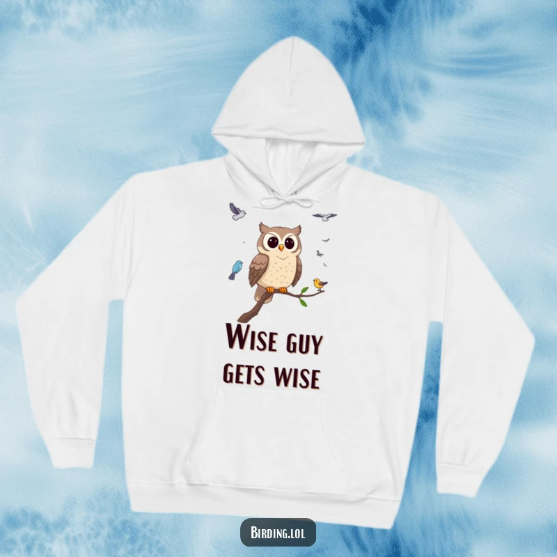 Funny owl hoodie featuring a wise owl perched on a branch, humorously observing small birds, perfect for cozy and witty wear.