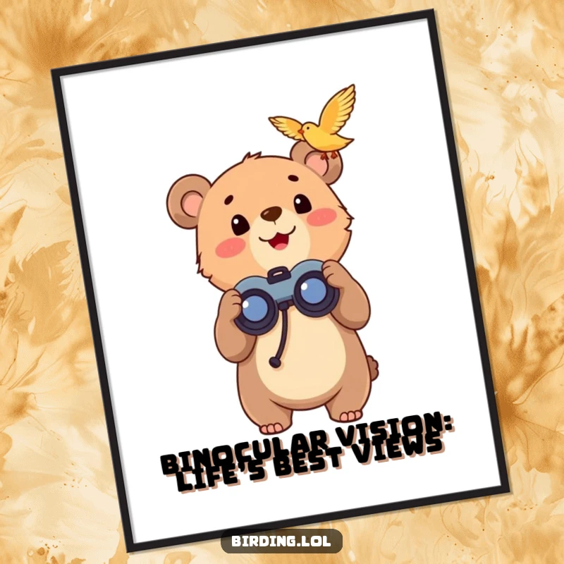 Funny Free Printable Wall Art: A happy bear cub holding binoculars, looking up at a flying bird with pure excitement.