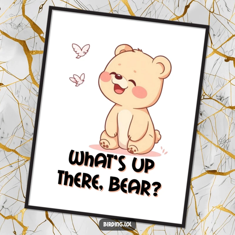 Funny Free Printable Wall Art: A giggling bear cub excitedly tries to identify a distant, flying shape, creating whimsical and engaging decor.