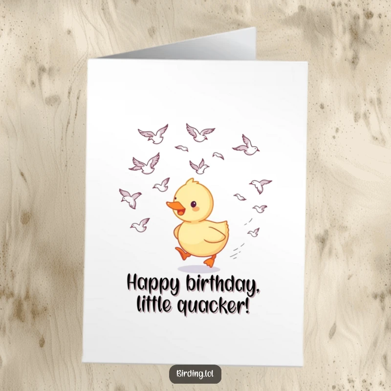 Funny free printable birthday card with a happy duckling waddling behind a flock of swooping birds, a cheerful and cute downloadable greeting.