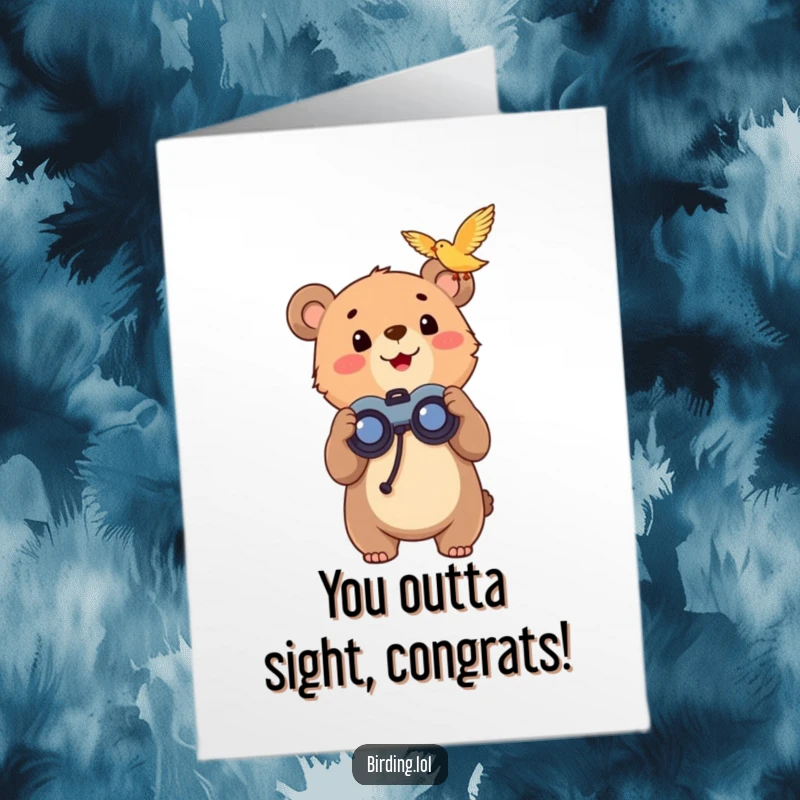 Funny Free Printable Congratulations Card: Enthusiastic bear cub with binoculars gazing skyward at a bird.