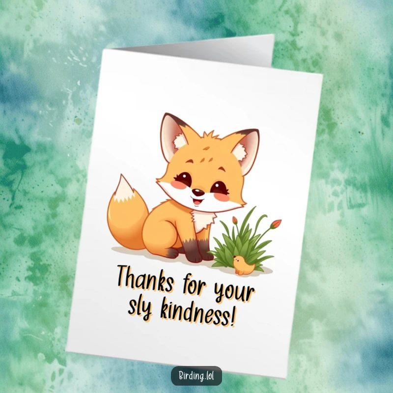 Funny Free Printable Thank You Card: A delighted fox cub crouched low, observing a small creature in a bush.