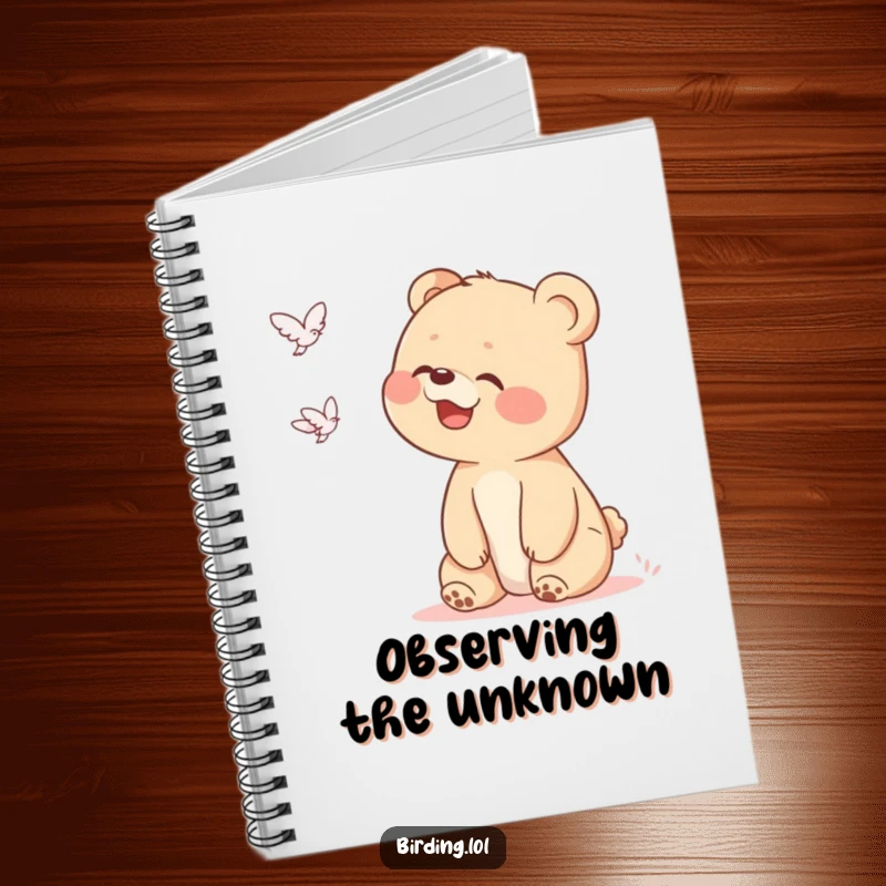 Funny bear cub notebook cover shows a giggling cub looking up at a flying object, inspiring imaginative note-taking and creative journaling.