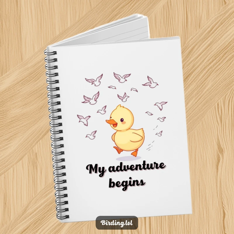 Funny duckling notebook with a happy duckling following swooping birds, great for journaling dreams and daily thoughts, a fun gift.