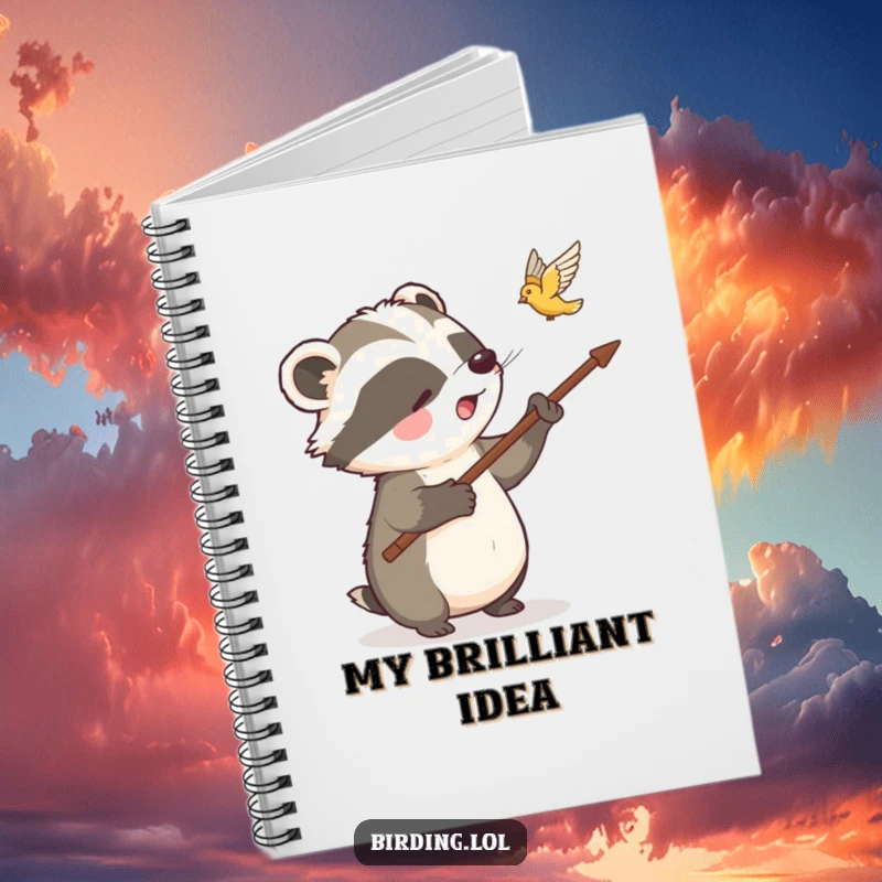 Funny badger notebook with a badger pointing at a bird, perfect for journaling discoveries and nature observations, a fun gift.