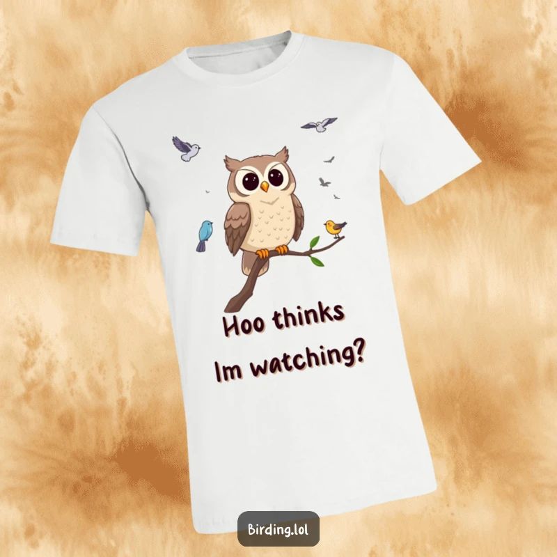 Funny content owl t-shirt showing a wise owl on a branch, humorously observing flying birds below. Great for witty personalities.
