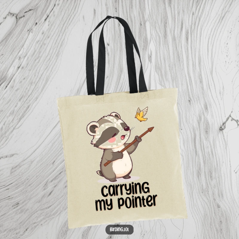 Funny badger tote bag with a badger pointing at a flying bird, a humorous and practical accessory for nature enthusiasts.