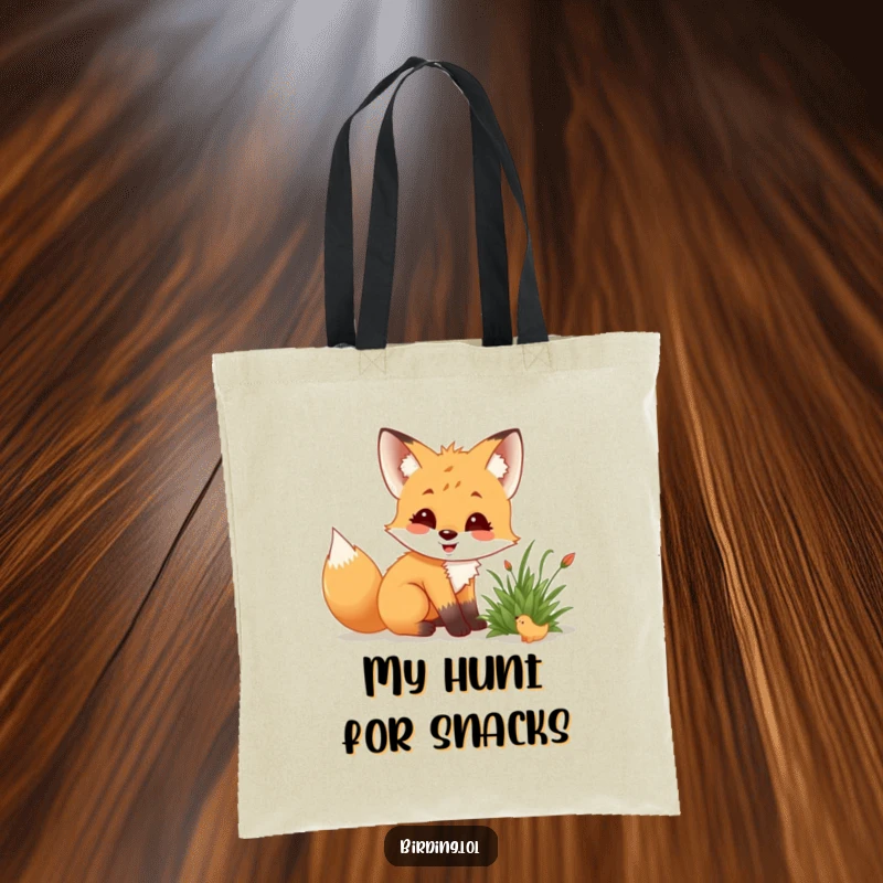 Funny fox cub with a tote bag, crouching low, delighted while observing a creature in a bush.