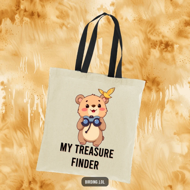 Funny bear cub with binoculars on a tote bag, looking up with excitement at a bird, ideal for shoppers.